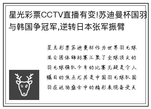 星光彩票CCTV直播有变!苏迪曼杯国羽与韩国争冠军,逆转日本张军振臂