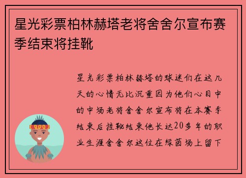 星光彩票柏林赫塔老将舍舍尔宣布赛季结束将挂靴