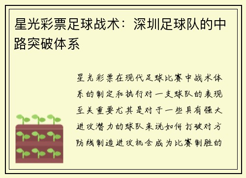 星光彩票足球战术：深圳足球队的中路突破体系