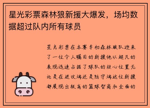星光彩票森林狼新援大爆发，场均数据超过队内所有球员